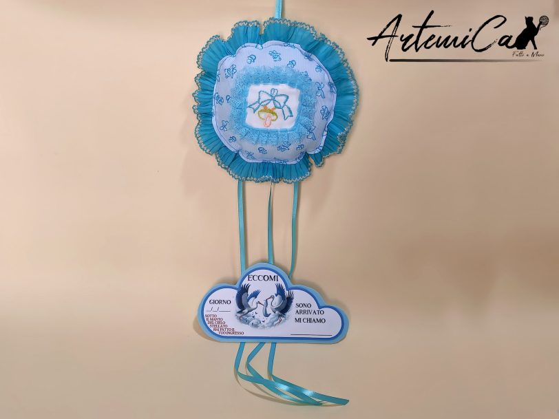 Cuscino Soffio di Felicità: Fiocco Nascita Handmade Morbido e personalizzabile