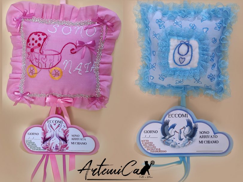 Cuscino Dolce Benvenuto: Fiocco Nascita Handmade Morbido e personalizzabile