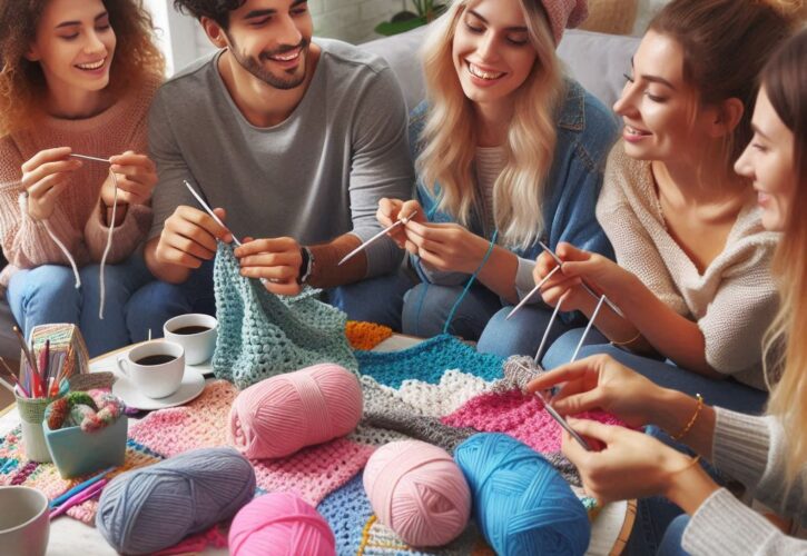 Un gruppo di amici seduti attorno a un tavolo, chiacchierando e lavorando all'uncinetto insieme, con filati colorati e uncinetti