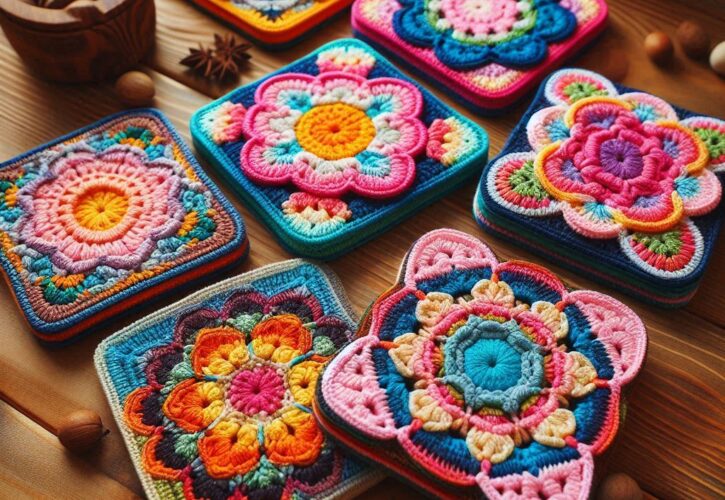 Una serie di sottobicchieri colorati all'uncinetto disposti in un pattern ordinato su un tavolo di legno
