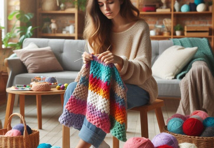 Una Donna che lavora all'uncinetto, con filati colorati e uncinetti