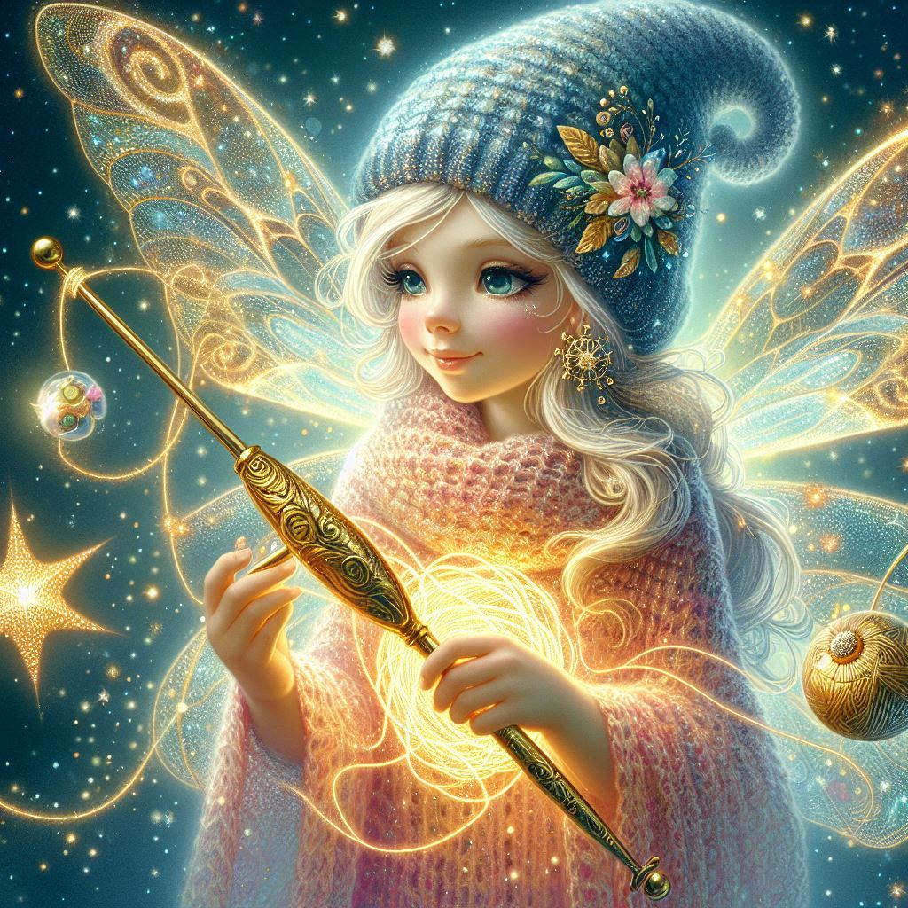 Una fata con ali scintillanti e un cappello a punta, che tiene un uncinetto dorato da cui scaturiscono fili luminosi. Attorno a lei, si formano oggetti magici come un piccolo tappeto volante e stelle scintillanti.