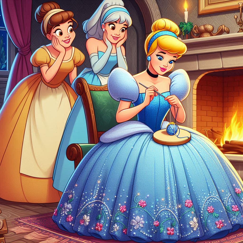 Cenerentola seduta vicino a un camino, con in mano ago e filo, intenta a ricamare un bellissimo abito da ballo. Due sorellastre buffe la osservano invidiose. L’abito è pieno di dettagli scintillanti e fiori colorati.
