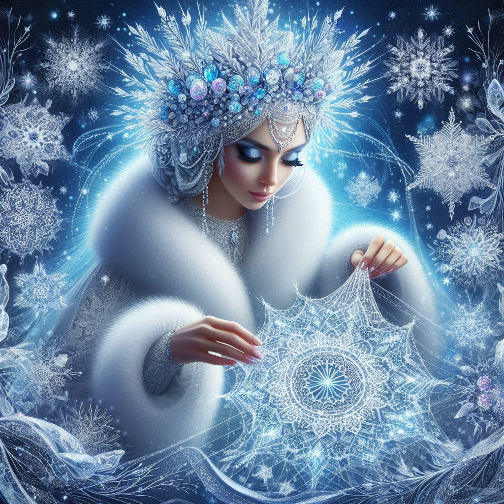 La Regina delle Nevi con un manto bianco e un diadema di cristallo, intenta a tessere un intricato ricamo di ghiaccio. Attorno a lei, fiocchi di neve che si trasformano in bellissimi motivi e disegni glaciali.
