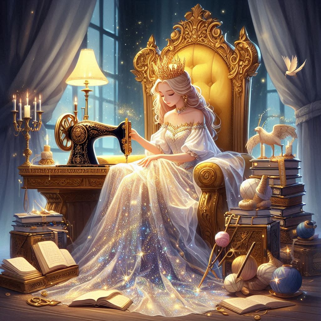 Una principessa con una corona, seduta su un trono dorato, intenta a cucire un mantello scintillante che inizia a scomparire in alcuni punti. Attorno a lei, strumenti da cucito e libri di magia.