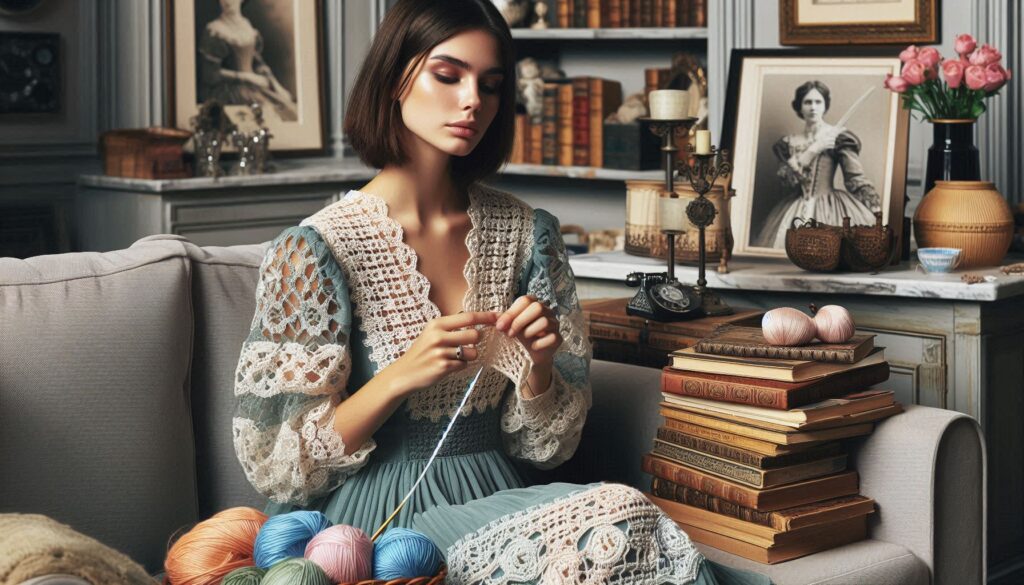 una giovane donna lavorare all'uncinetto, seduta in un elegante salotto che combina elementi classici e contemporanei. Indossa un abito con dettagli ricamati, segno di una tradizione che si rinnova. Accanto a lei, sono visibili libri di modelli e filati di vari colori, che richiamano la ricchezza delle tecniche artigianali del passato. Sullo sfondo, una mensola con oggetti vintage e moderni, tra cui fotografie d'epoca di nobildonne al lavoro su progetti tessili, che simboleggiano la continuità della tradizione.