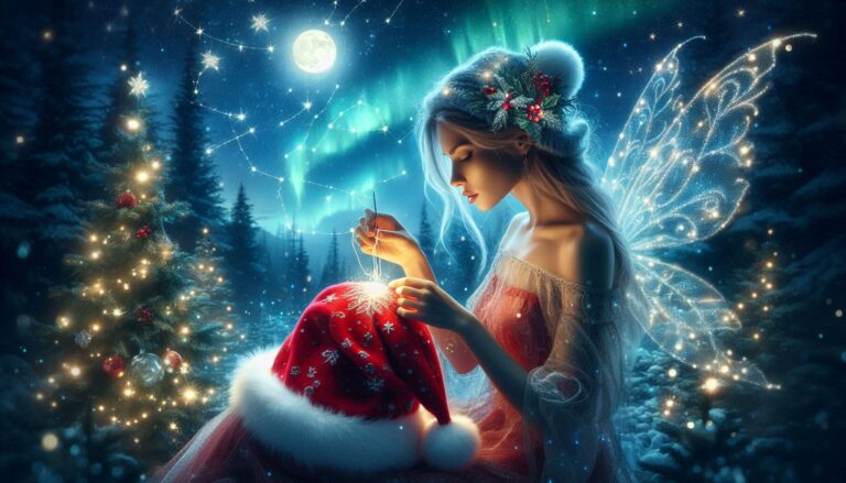 Il Cappello di Babbo Natale: Ricamato dalla Fata della Notte 24 Una scena magica con una fata (la Fata della Notte) seduta in una foresta illuminata dalla luna, che cuce con cura un cappello rosso di Natale con fili d'argento ricavati dalla luce delle stelle. Le sue mani sono illuminate da stelle morbide e luminose e il cielo è dipinto con l'aurora boreale. Il cappello è decorato con dettagli scintillanti, tra cui un pompon bianco in cima fatto di fiocchi di neve. Sullo sfondo, si possono vedere deboli contorni di alberi incantati e costellazioni scintillanti