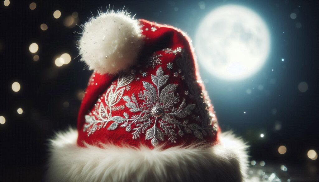 Un primo piano del magico cappello rosso di Babbo Natale, con intricati ricami argentati che brillano al chiaro di luna. Il pompon bianco in cima è fatto di fiocchi di neve e il cappello emette un tenue bagliore, che simboleggia i suoi poteri magici. Lo sfondo è sfocato, focalizzando l'attenzione sui dettagli raffinati del cappello