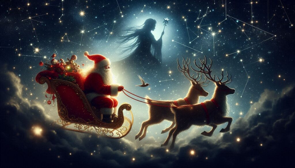 Babbo Natale vola attraverso un cielo notturno stellato con la sua slitta, trainata dalle renne. Indossa il magico cappello rosso creato dalla Fata della Notte, che brilla dolcemente. Nel cielo, le stelle scintillano intensamente e una debole sagoma della Fata della Notte veglia su di lui dalle costellazioni