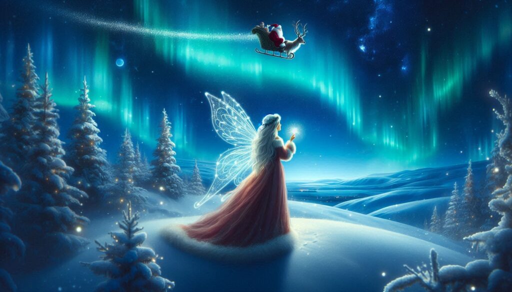 La Fata della Notte in piedi su una collina innevata, che guarda il cielo mentre Babbo Natale vola sopra di lei. Il cielo è pieno di stelle e aurore boreali, creando un'atmosfera magica. La fata tiene in mano un piccolo pezzo di luce stellare, a simboleggiare il suo legame con il viaggio di Babbo Natale
