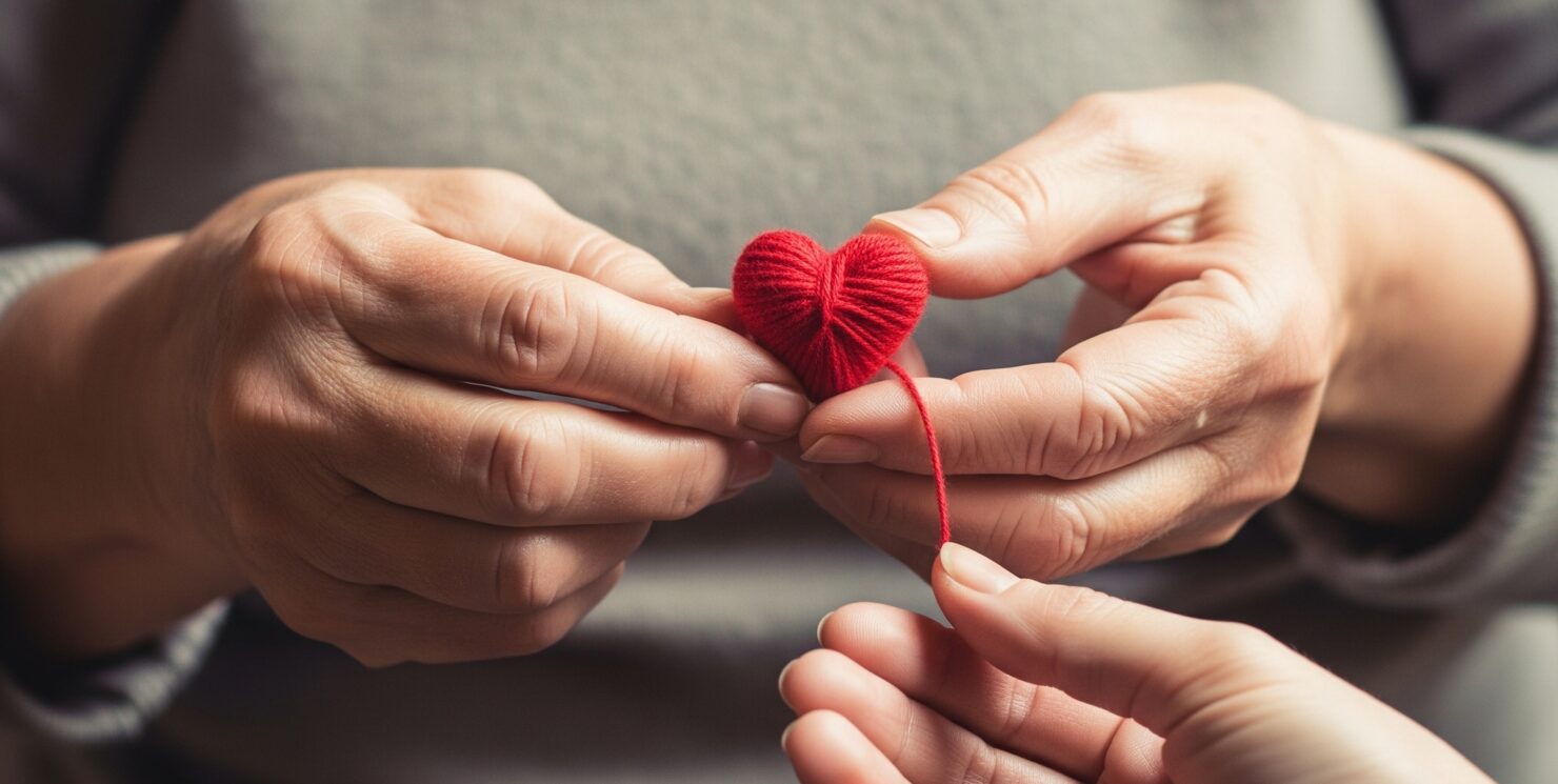 "Uncinetto Terapeutico per ridurre Stress e Ansia" immagine simbolica con un gomitolo di lana a forma di cuore