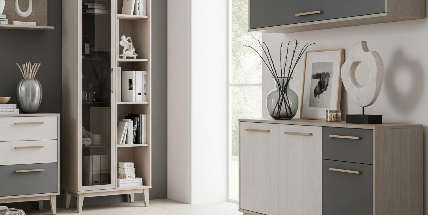 Un ambiente interno elegante e moderno, come un salotto o uno studio, arredato con mobili in tonalità di grigio, beige e bianco. L'immagine deve comunicare raffinatezza, ordine e armonia, con un tocco di minimalismo. Luce naturale che illumina gli spazi.