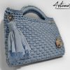 Pochette Azzurro Mediterraneo: Borsa Fatta a Mano all'Uncinetto in fettuccia e spilla trifoglio