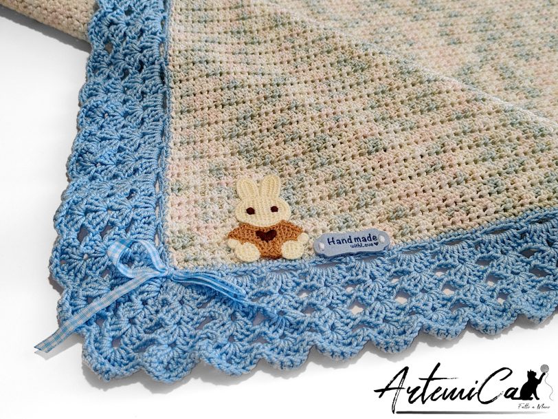 Copertina Cotton Dream : Fatta a Mano all'Uncinetto azzurra per neonato in soffice cotone