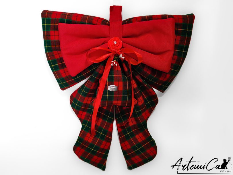 Fiocco Bosco Incantato : decorazione Natalizia Fatta a Mano in tartan rosso e verde