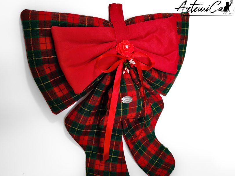 Fiocco Bosco Incantato : decorazione Natalizia Fatta a Mano in tartan rosso e verde