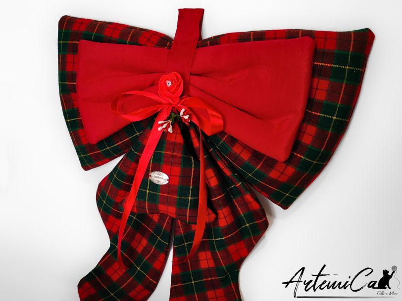 Fiocco Bosco Incantato : decorazione Natalizia Fatta a Mano in tartan rosso e verde
