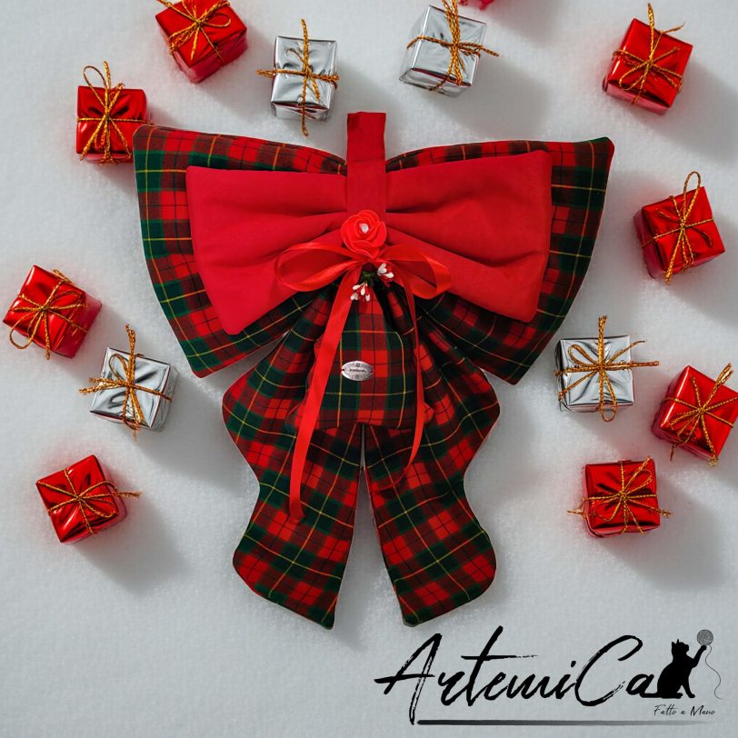 Fiocco Bosco Incantato : decorazione Natalizia Fatta a Mano in tartan rosso e verde