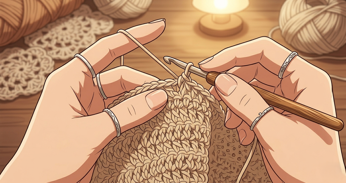 Dettaglio mani che lavorano all’uncinetto, simbolo di artigianato lento e valore handmade