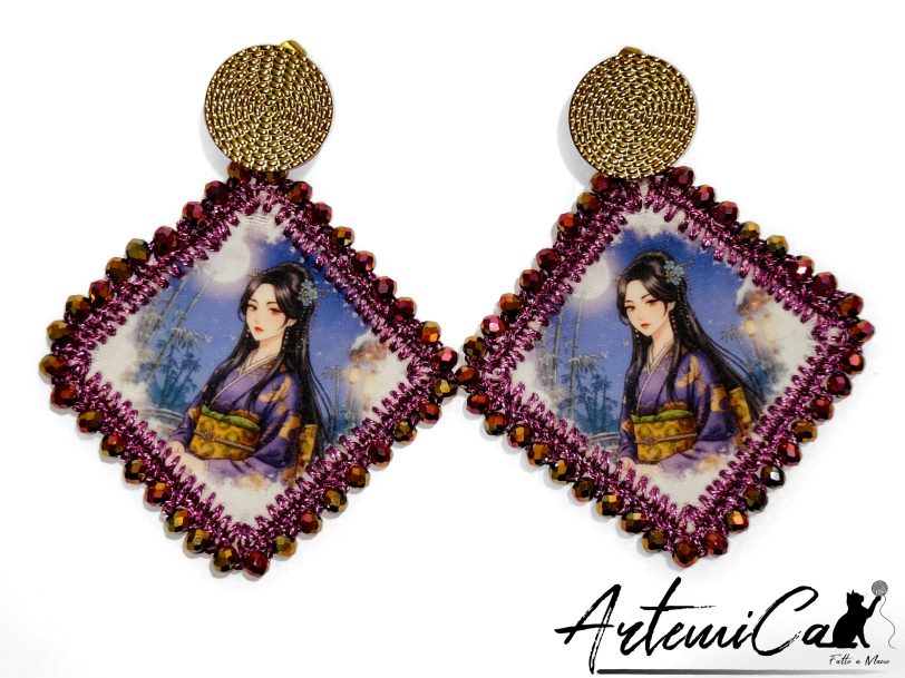 Sakura Dreams - Orecchini Tessili Fatti a Mano Stile Japan con Cristalli e Perle
